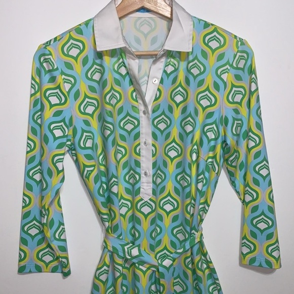 J McLaughlin Size M Retro Print Collared Tie Waist Catalina Cloth Dress - Picture 2 of 8